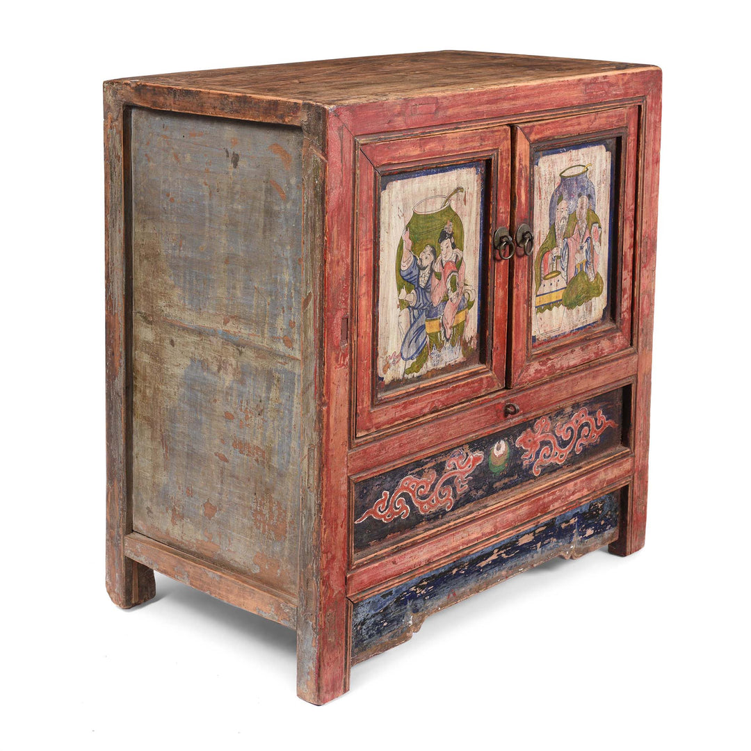 Angled View Of V1 Painted Mongolian Side Cabinet - 19thC | Indigo Antiques