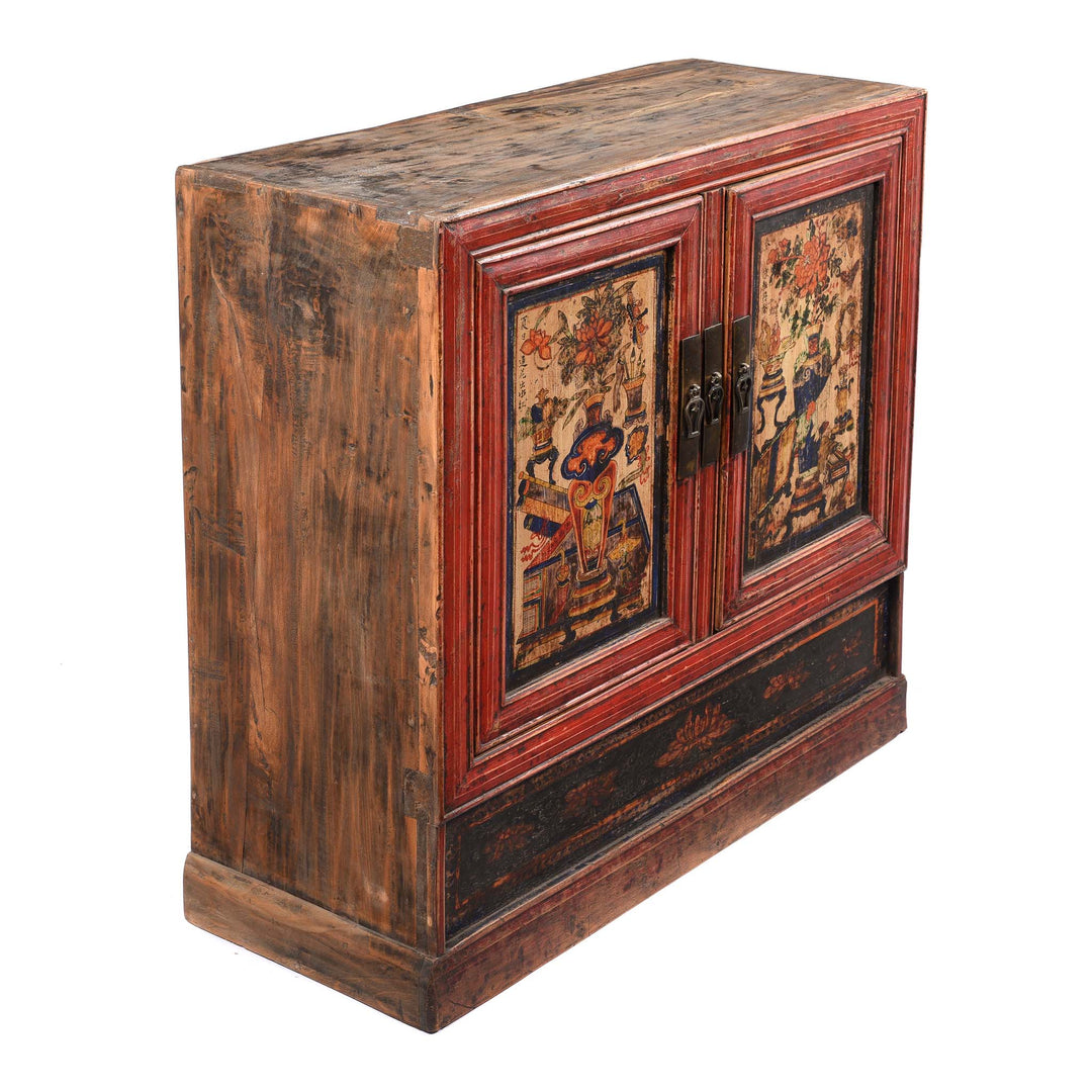 Angled View Of Painted Mongolian Book Cabinet Made Elm - 19thC | Indigo Antiques