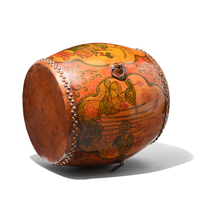 Angled View Of Painted Mongolian Drum Side Table | Indigo Antiques