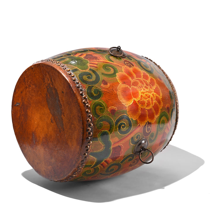 Side View Of Painted Mongolian Drum Side Table | Indigo Antiques