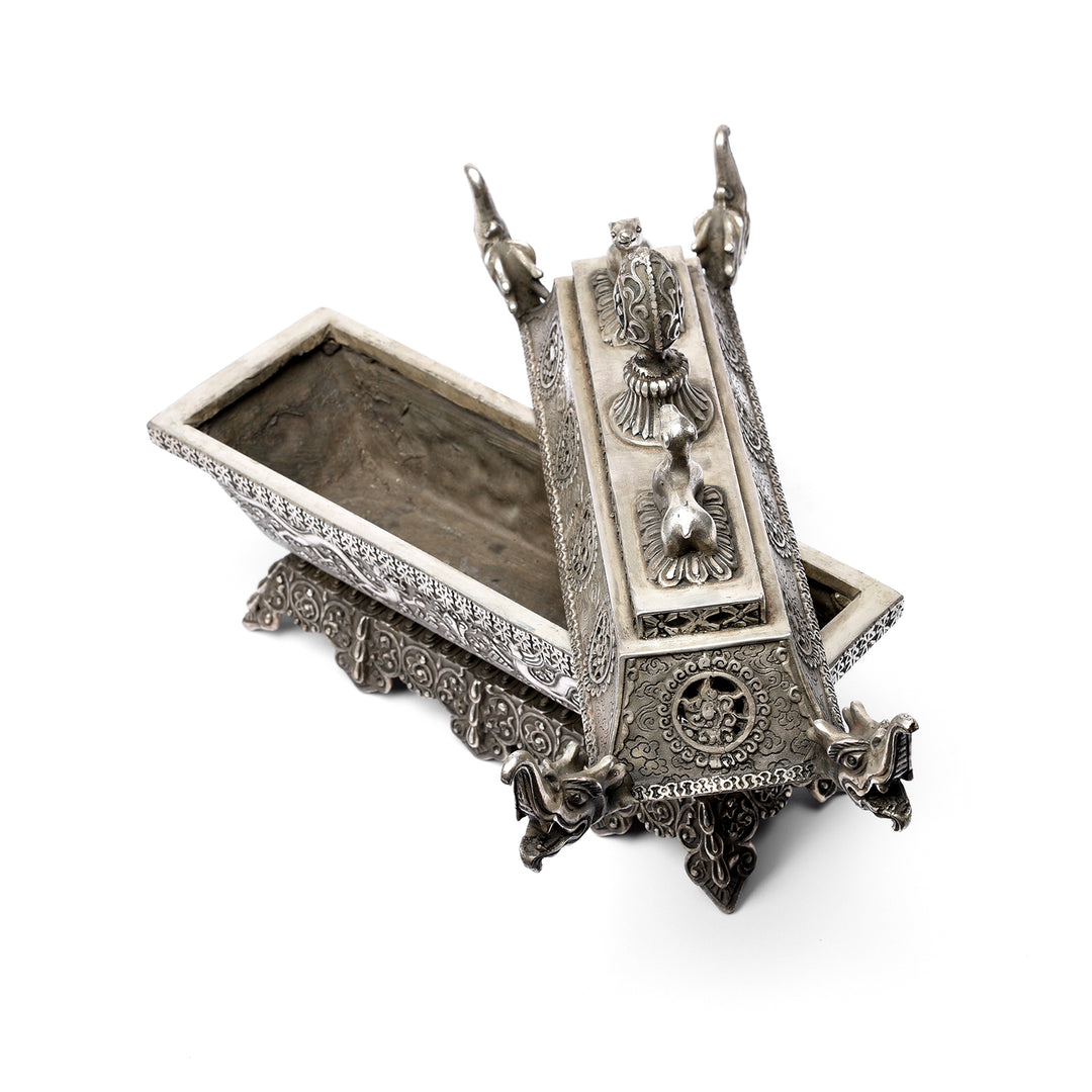 Open Lid View Of Silver Plated Tibetan Incense Holder | Indigo Antiques