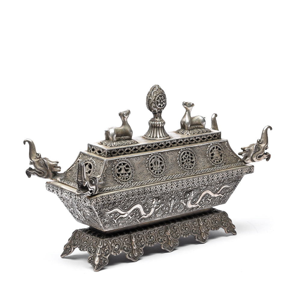 Angled View Of Silver Plated Tibetan Incense Holder | Indigo Antiques