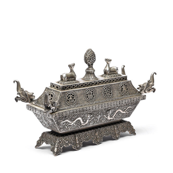 Angled View Of Silver Plated Tibetan Incense Holder | Indigo Antiques