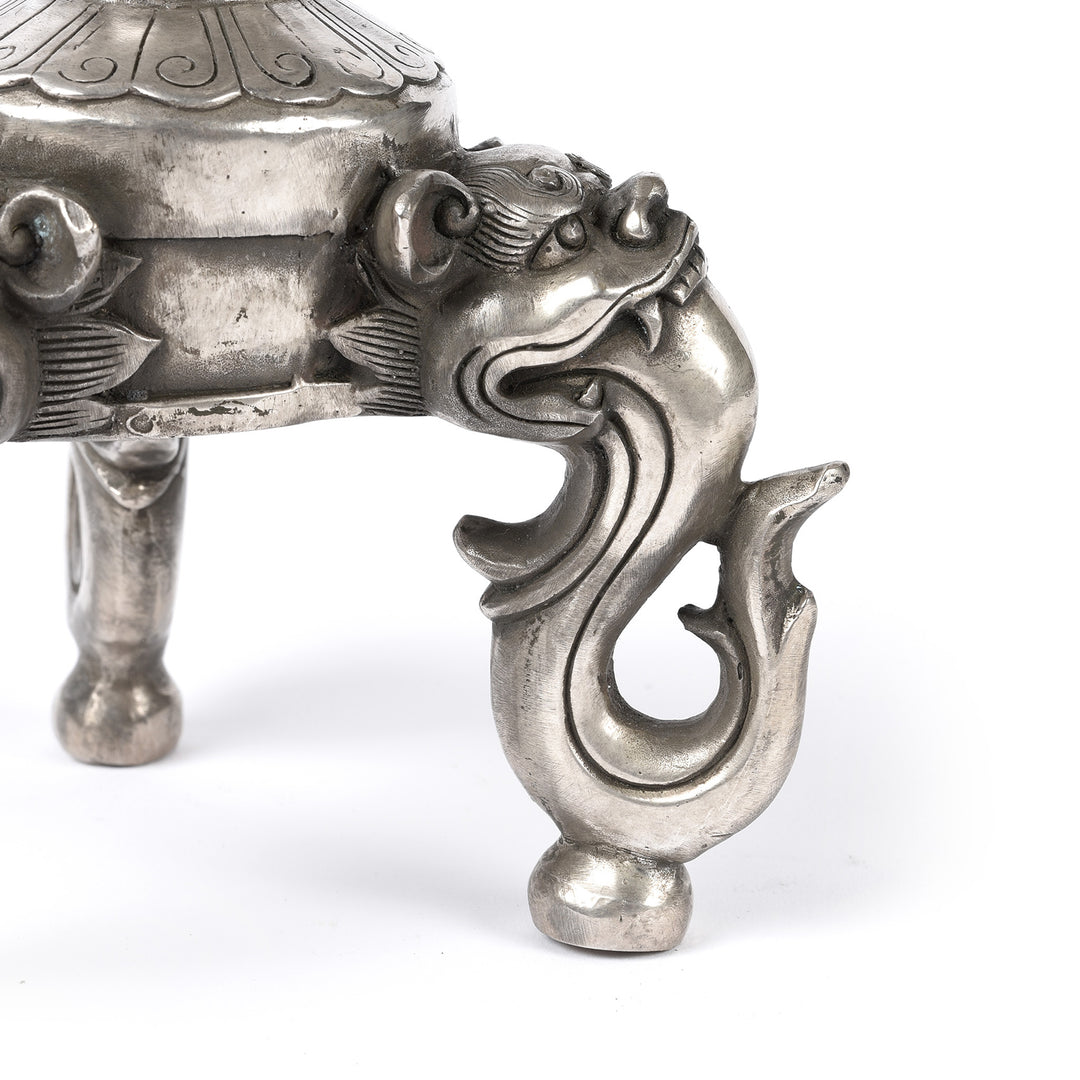 Dragon Detail From Silver Plated Tibetan Candle Stick | Indigo Antiques