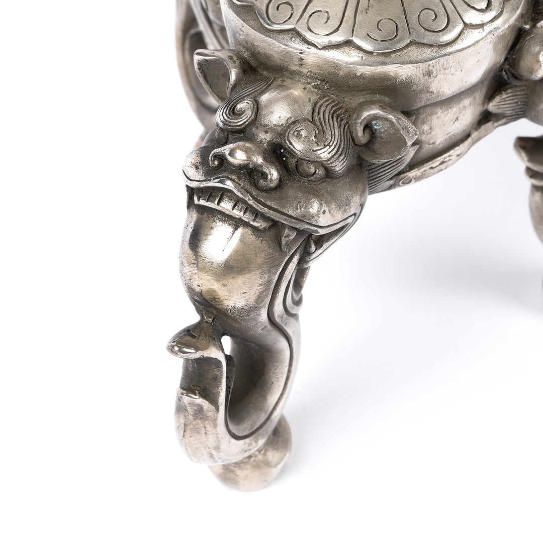 Dragon Detail From Silver Plated Tibetan Candle Stick | Indigo Antiques