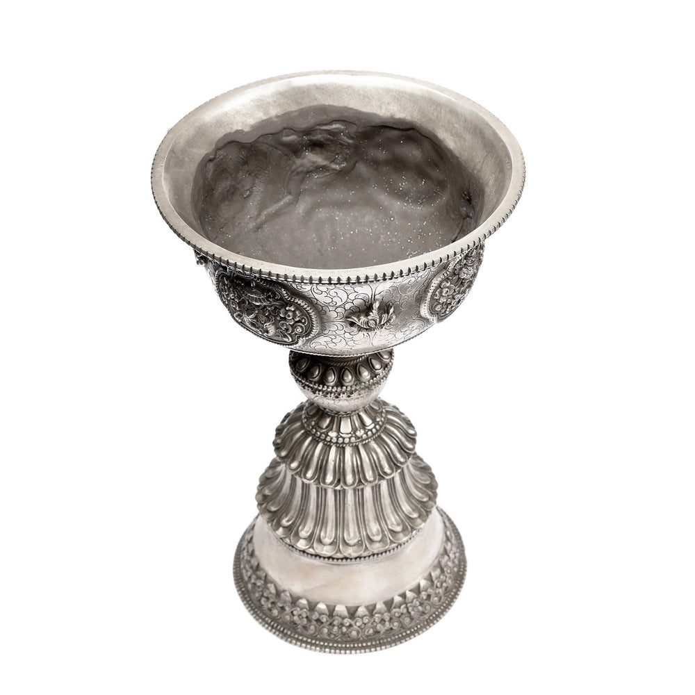 Interior Of Reproduction Silver Plated Brass Tibetan Butter Lamp | Indigo Antiques 