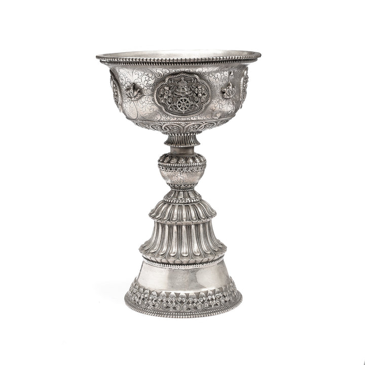 Reproduction Silver Plated Brass Tibetan Butter Lamp | Indigo Antiques 