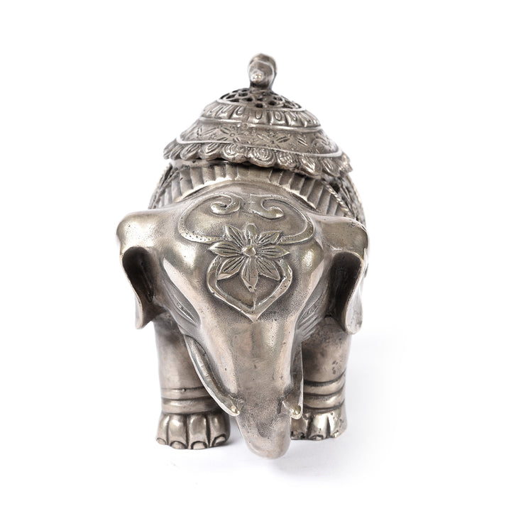 Front View Of Silver Plated Elephant Incense Burner - From China | Indigo Antiques