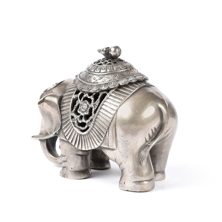 Angled Rear View Of Silver Plated Elephant Incense Burner - From China | Indigo Antiques