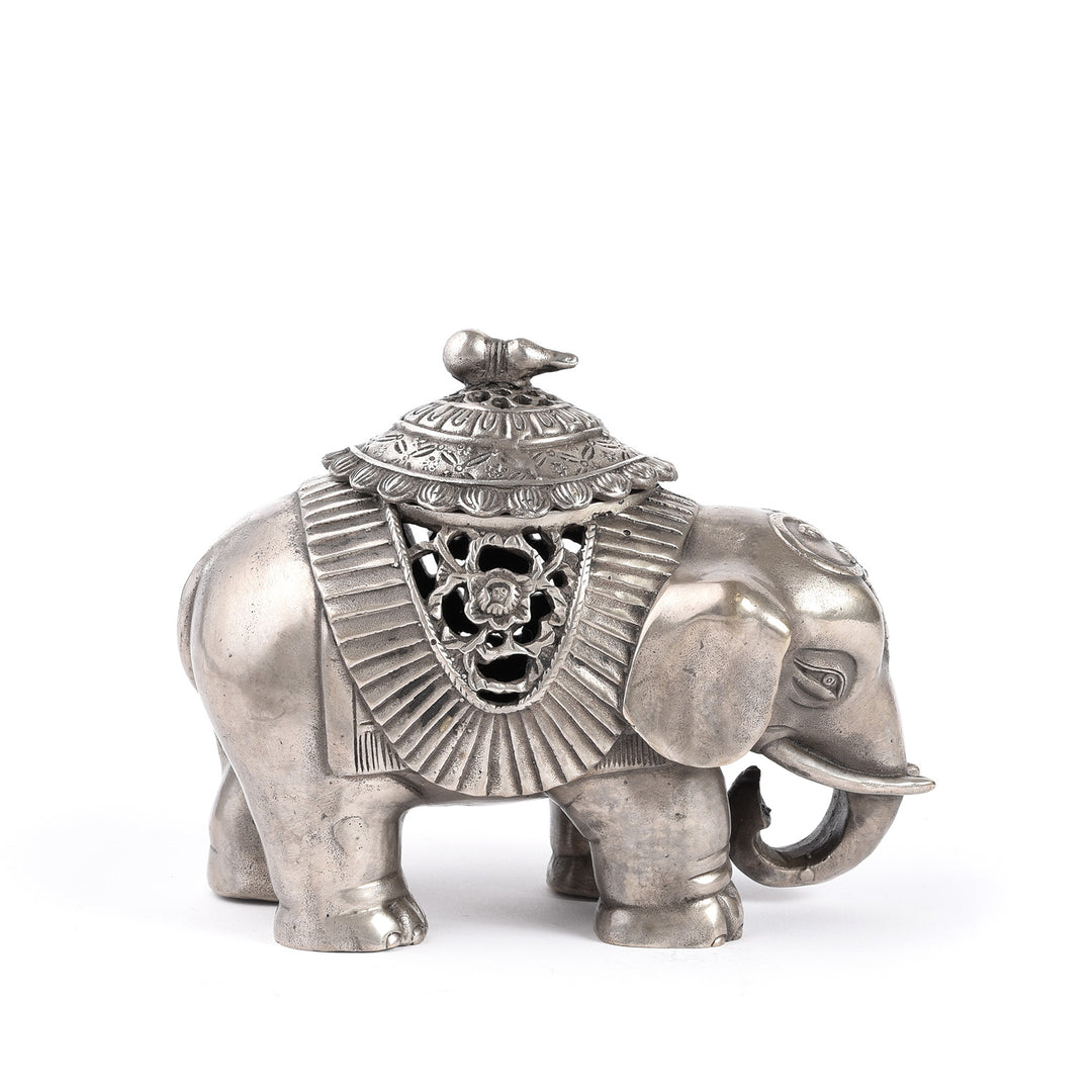 Side View Of Silver Plated Elephant Incense Burner - From China | Indigo Antiques