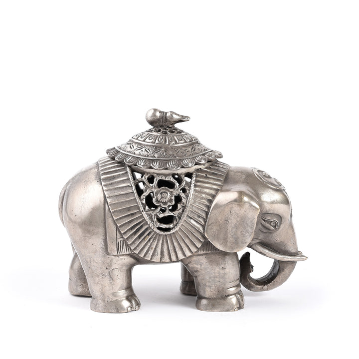 Side View Of Silver Plated Elephant Incense Burner - From China | Indigo Antiques