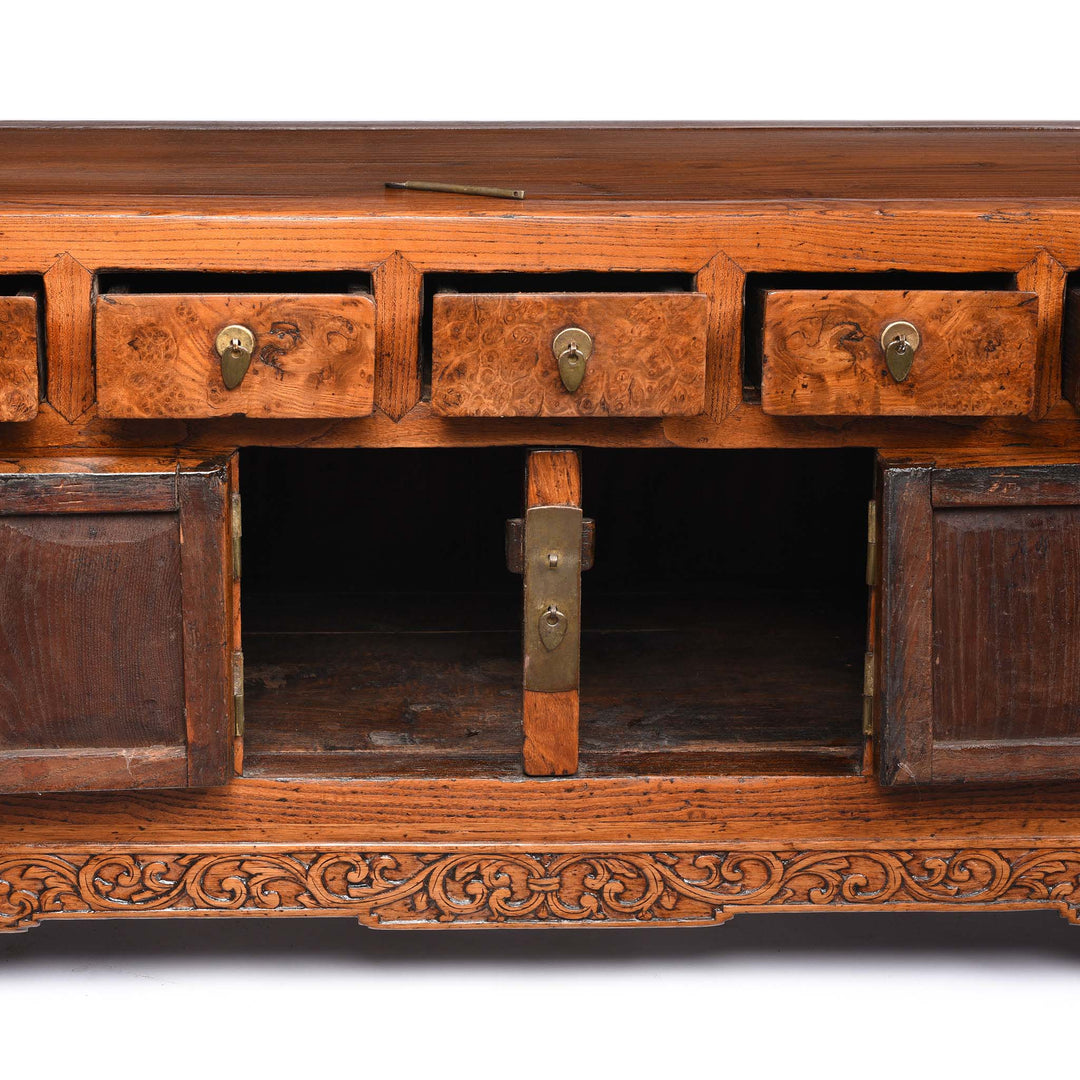 Open Doors Detail From Burr Elm "Kang" Low Cabinet From Tianjin - 19thC | Indigo Antiques