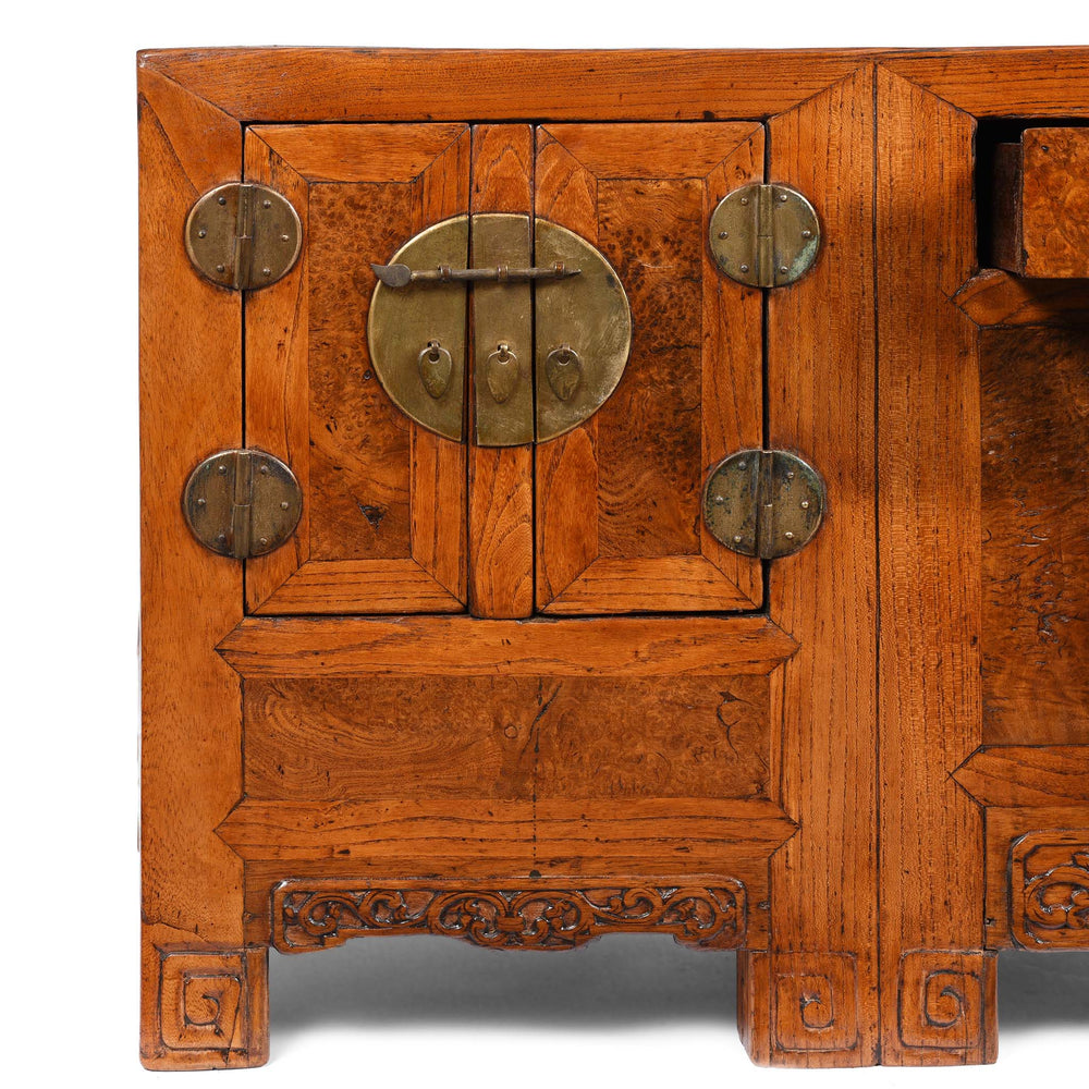Corner Detail From Burr Elm "Kang" Low Cabinet From Tianjin - 19thC | Indigo Antiques