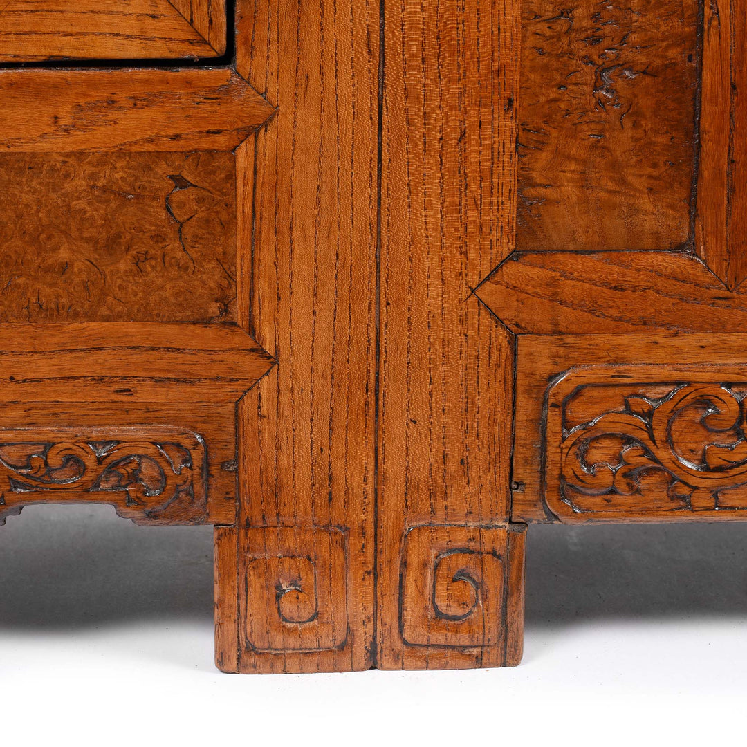 Carving Detail From Burr Elm "Kang" Low Cabinet From Tianjin - 19thC | Indigo Antiques