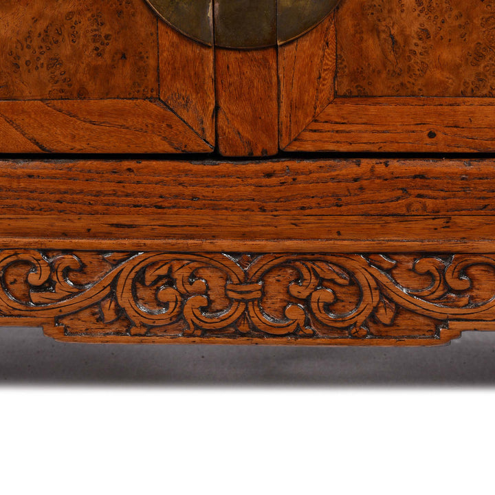 Carving Detail From Burr Elm "Kang" Low Cabinet From Tianjin - 19thC | Indigo Antiques
