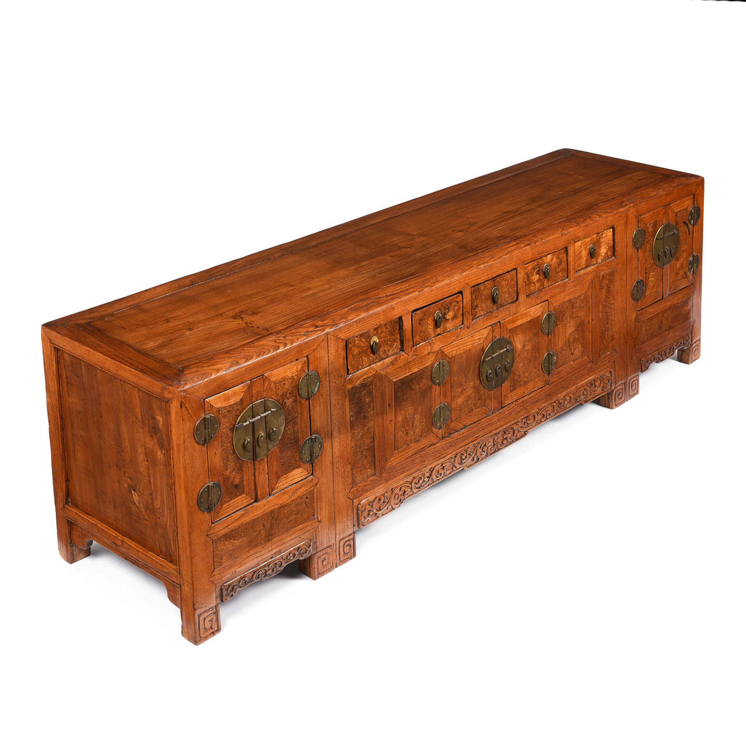 Angled VIew Of Burr Elm "Kang" Low Cabinet From Tianjin - 19thC | Indigo Antiques