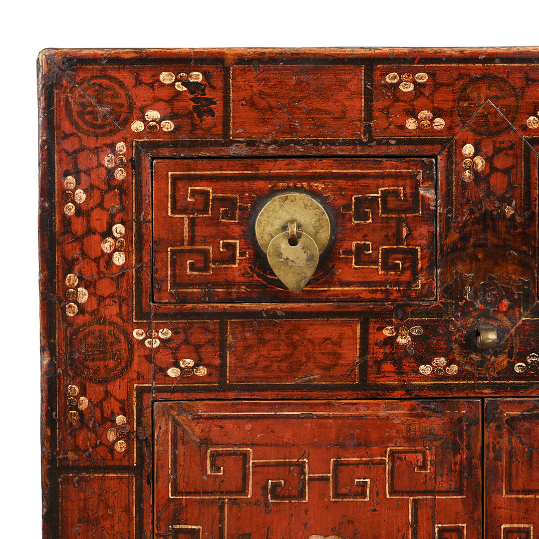Corner Detail From Antique Mongolian Side Cabinet With Original Painting  19thC | Indigo Antiques