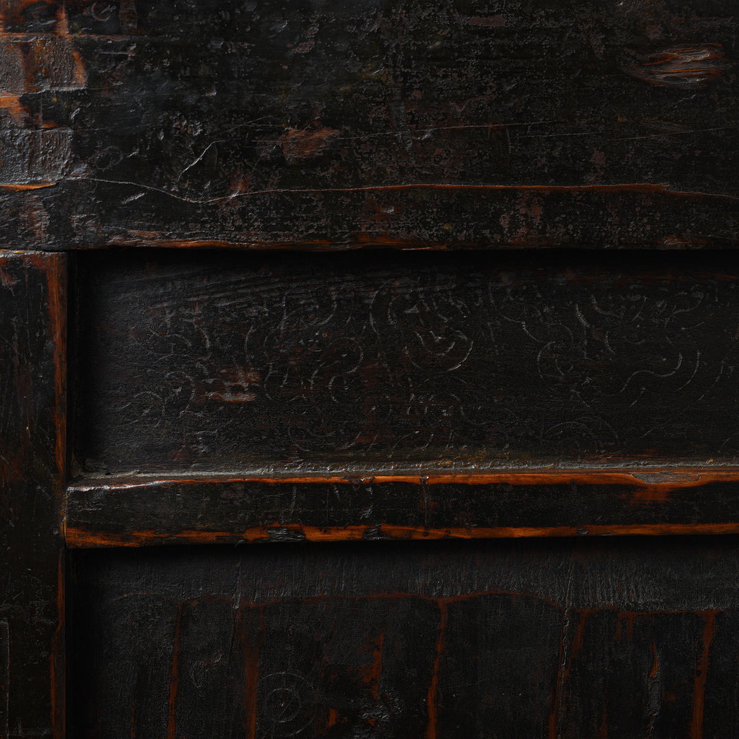 Side Faded Paintwork Detail From Antique Mongolian Side Cabinet With Original Painting  19thC | Indigo Antiques