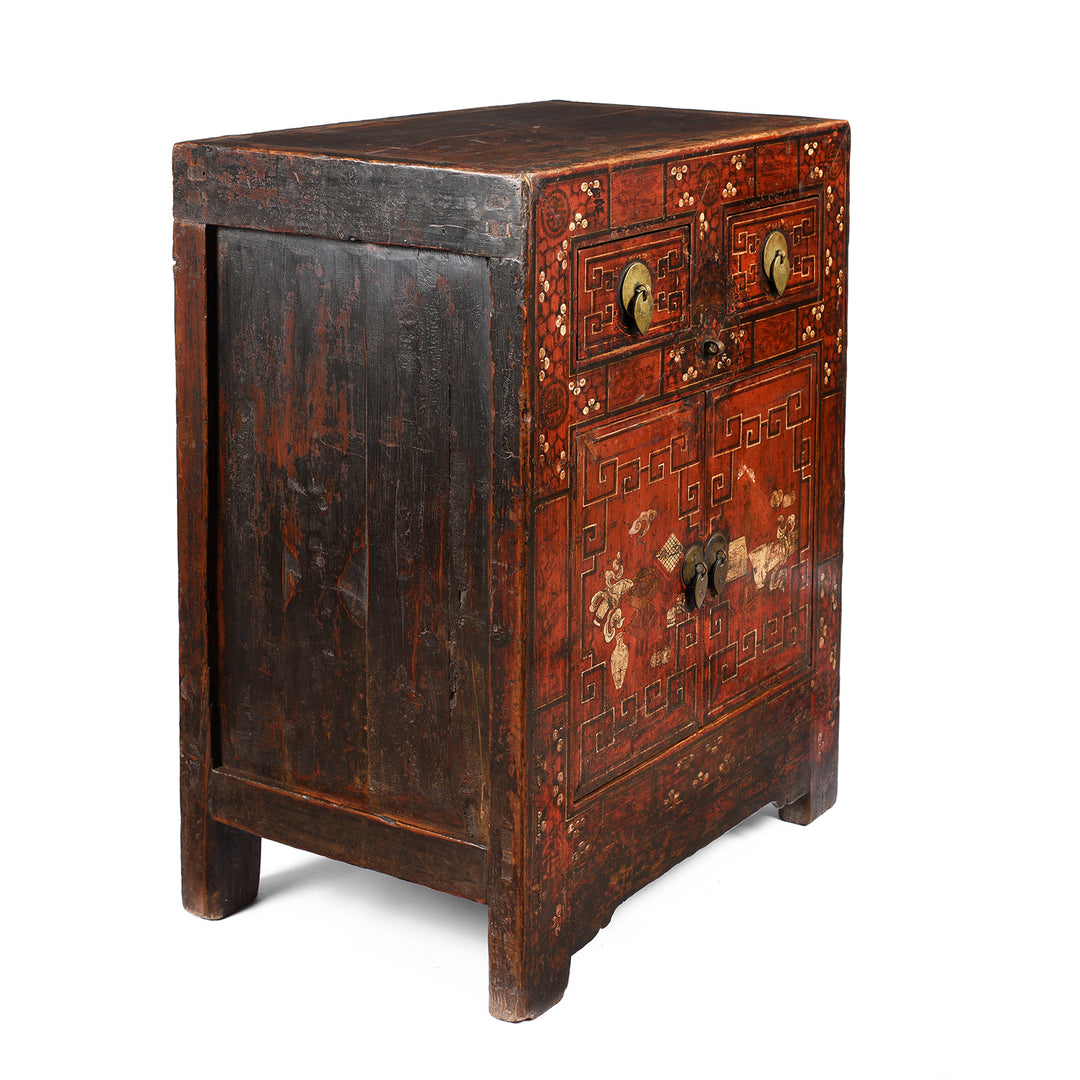 Angled View Of Antique Mongolian Side Cabinet With Original Painting  19thC | Indigo Antiques