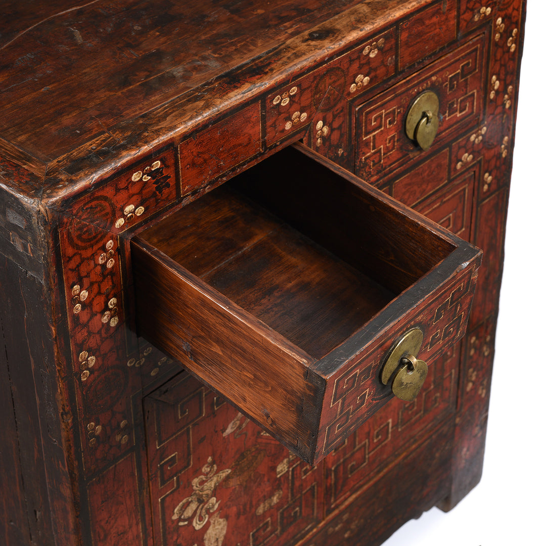 Drawer Interior View Of Antique Mongolian Side Cabinet With Original Painting  19thC | Indigo Antiques