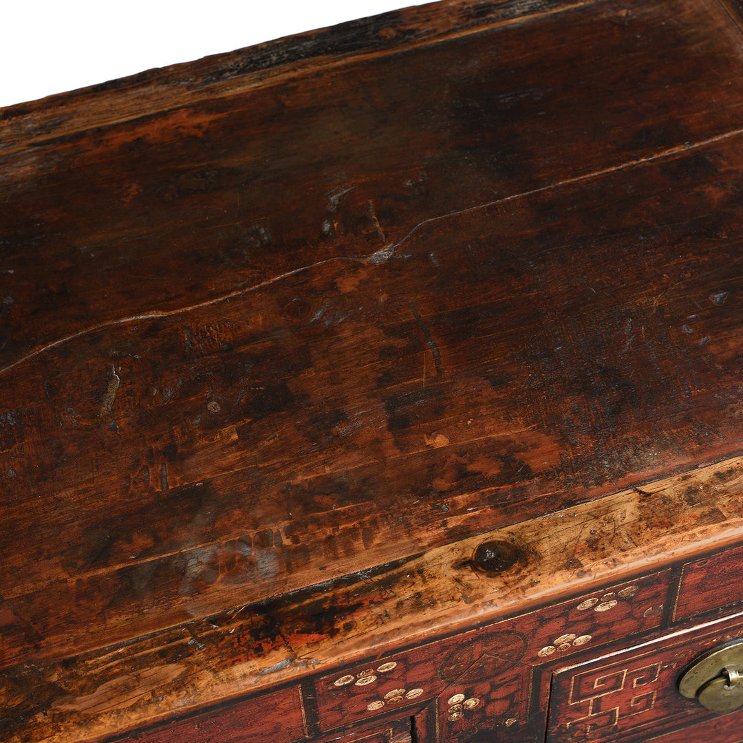 Surface Detail From Antique Mongolian Side Cabinet With Original Painting  19thC | Indigo Antiques