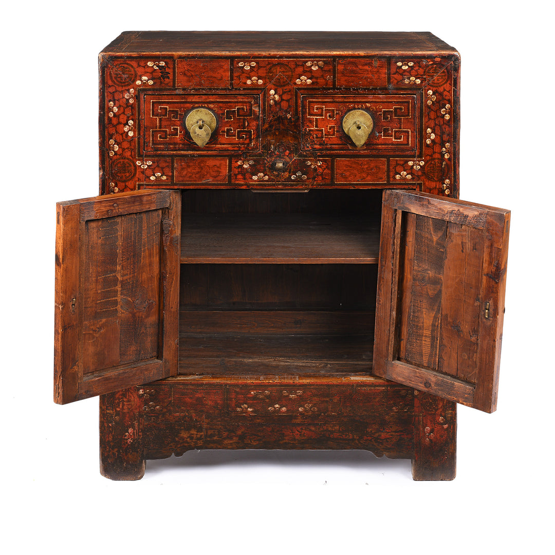 Open doors View Of Antique Mongolian Side Cabinet With Original Painting  19thC | Indigo Antiques