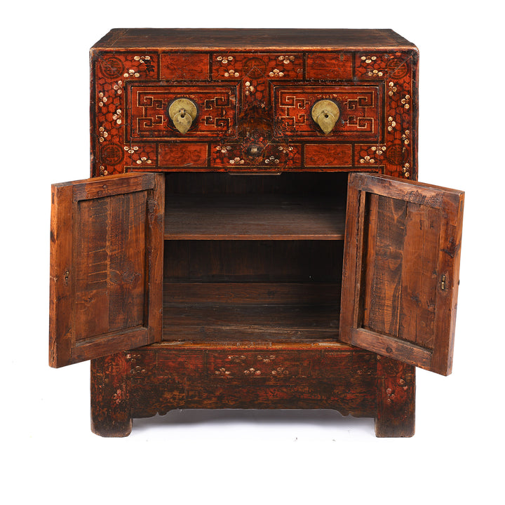 Open doors View Of Antique Mongolian Side Cabinet With Original Painting  19thC | Indigo Antiques