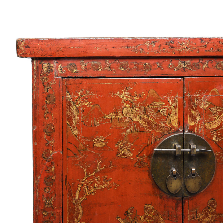 Corner Detail from an Antique Chinese Red Lacquer Bedside Cabinet from Shanxi - Early 19thC | Indigo Antiques