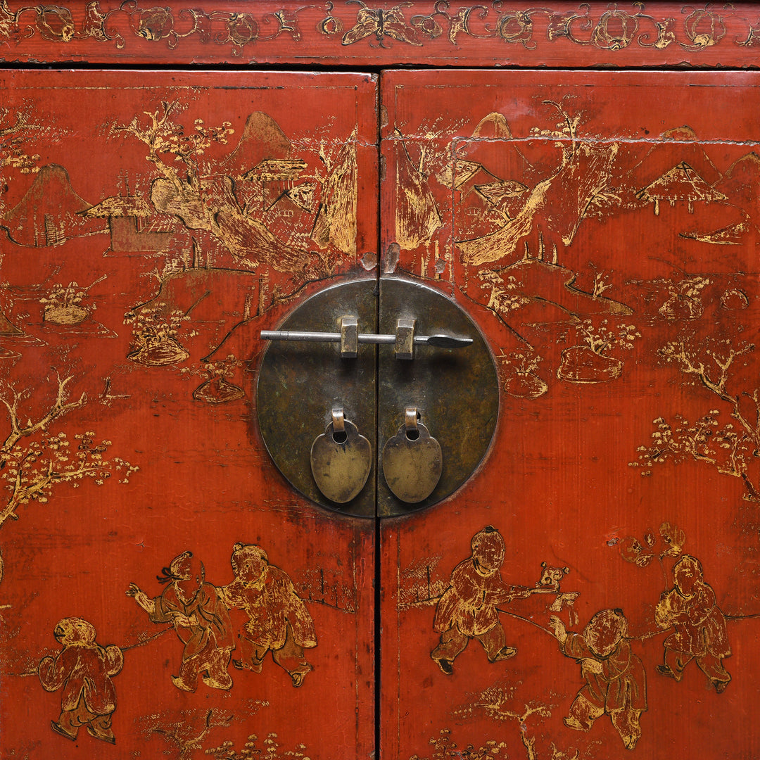 Gilt Lacquer detail from an Antique Chinese Red Lacquer Bedside Cabinet from Shanxi - Early 19thC | Indigo Antiques