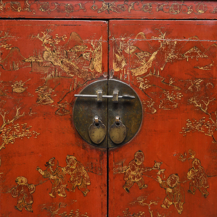 Gilt Lacquer detail from an Antique Chinese Red Lacquer Bedside Cabinet from Shanxi - Early 19thC | Indigo Antiques