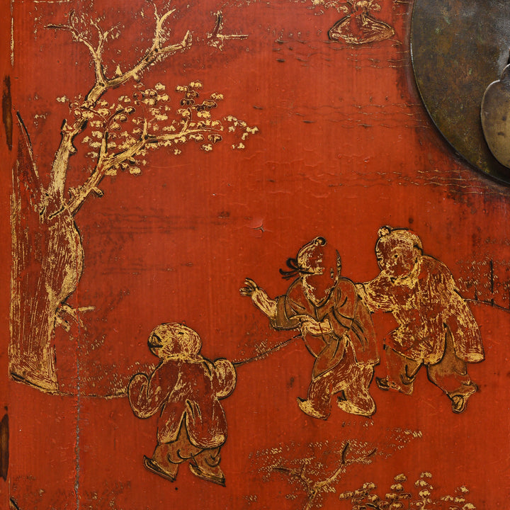Children Playing Detail from an Antique Chinese Red Lacquer Bedside Cabinet from Shanxi - Early 19thC | Indigo Antiques