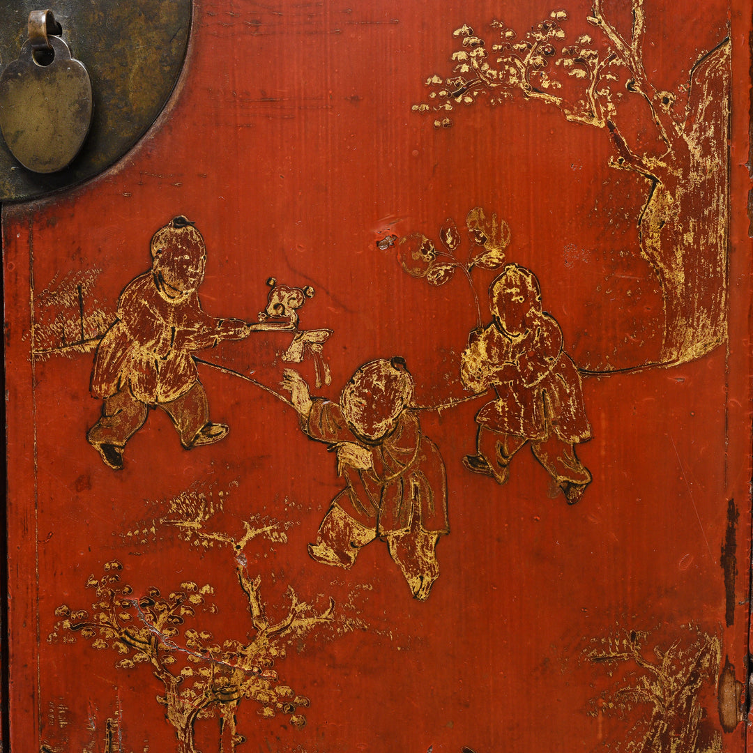 Children Playing Lacquer Detail from an Antique Chinese Red Lacquer Bedside Cabinet from Shanxi - Early 19thC | Indigo Antiques