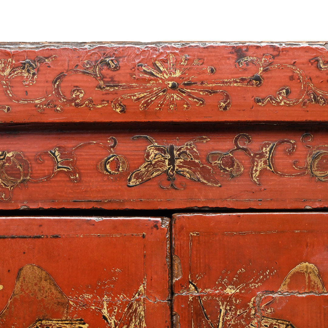 Top Detail from an Antique Chinese Red Lacquer Bedside Cabinet from Shanxi - Early 19thC | Indigo Antiques