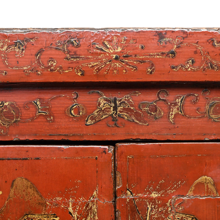 Top Detail from an Antique Chinese Red Lacquer Bedside Cabinet from Shanxi - Early 19thC | Indigo Antiques