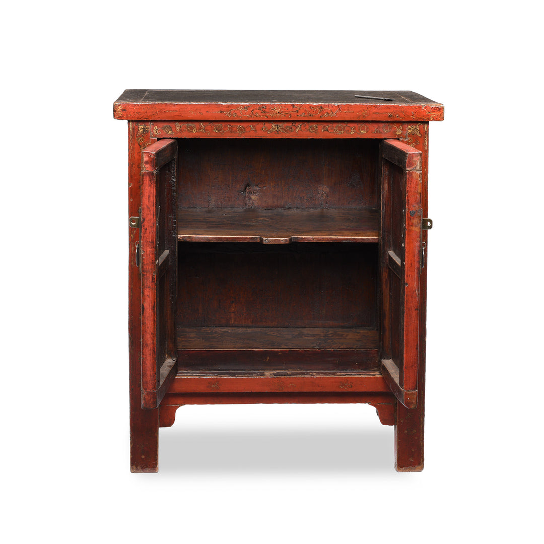 Doors open detail from an Antique Chinese Red Lacquer Bedside Cabinet from Shanxi - Early 19thC | Indigo Antiques