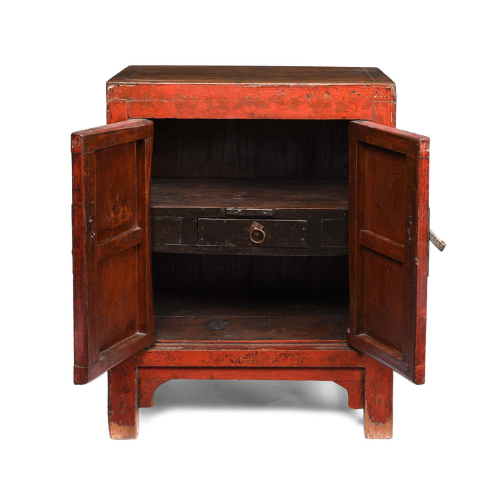 Open Doors View Of Chinese Red Lacquer Bedside Cabinet - 19thC | Indigo Antiques