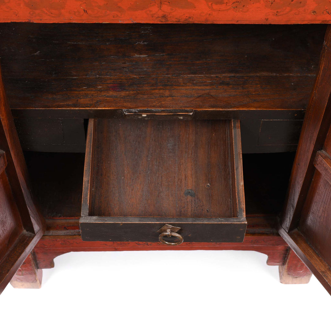 Drawer Detail From Chinese Red Lacquer Bedside Cabinet - 19thC | Indigo Antiques