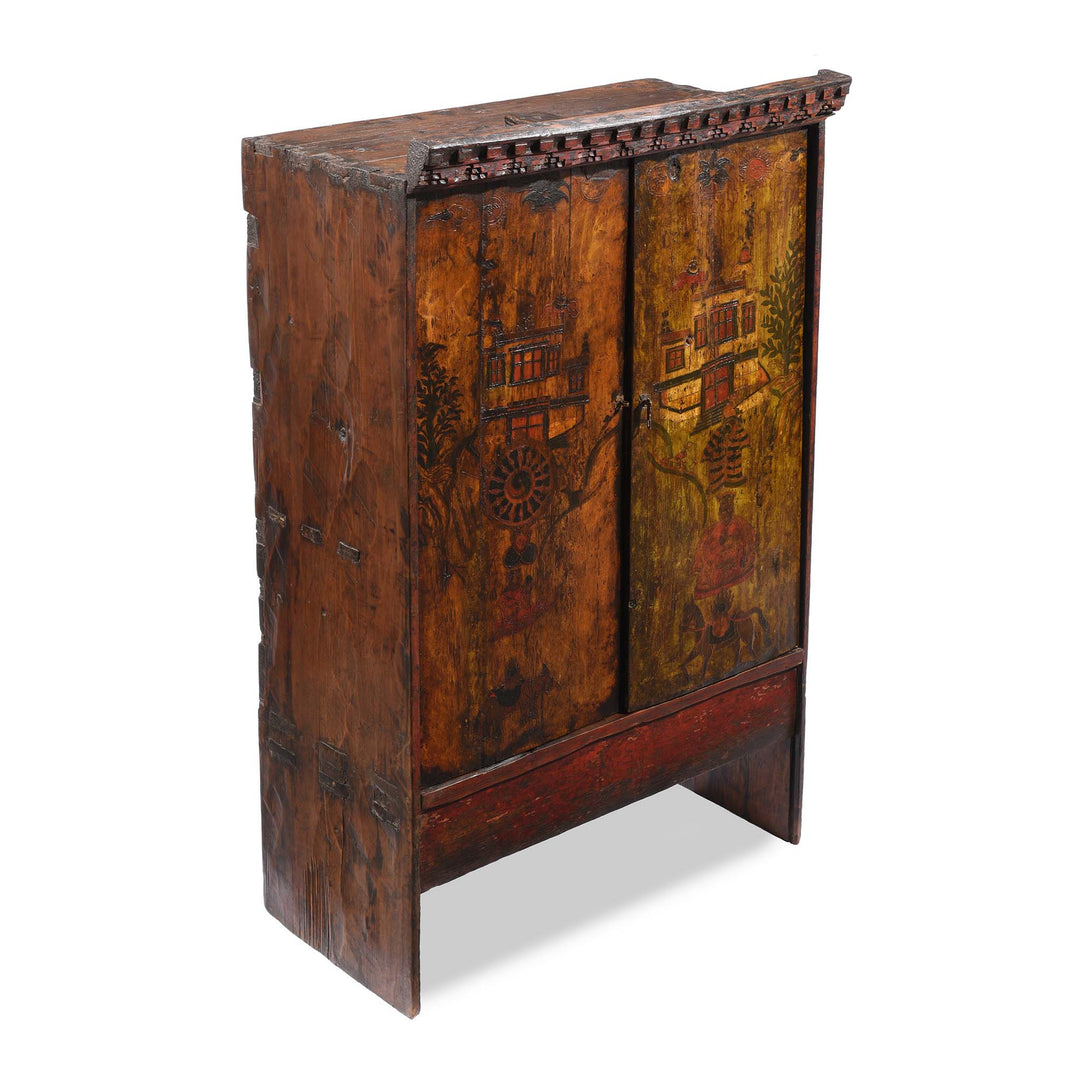 Angled View Of Two Tone Painted Torkham Cabinet From Tibet - 18thC | Indigo Antiques