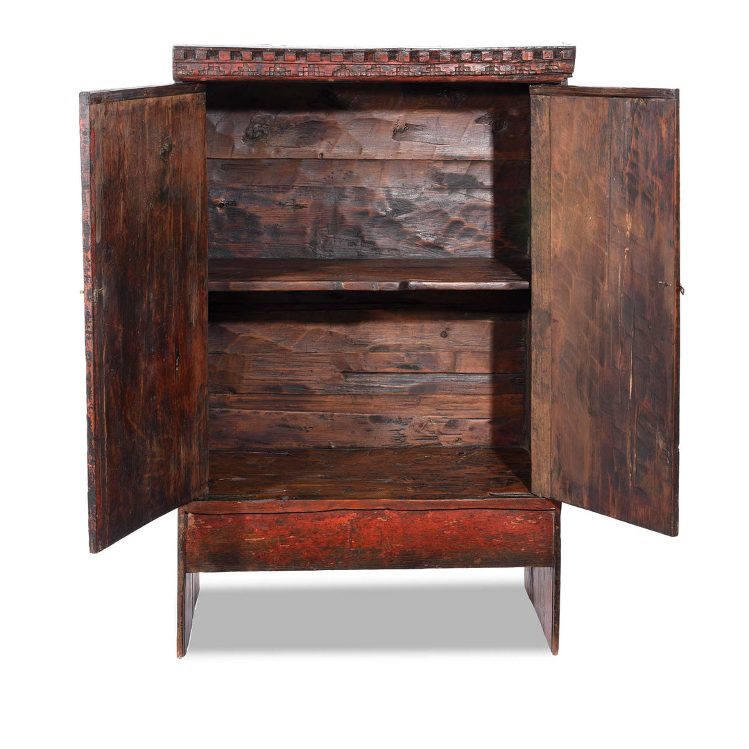 Open Doors View Of Two Tone Painted Torkham Cabinet From Tibet - 18thC | Indigo Antiques