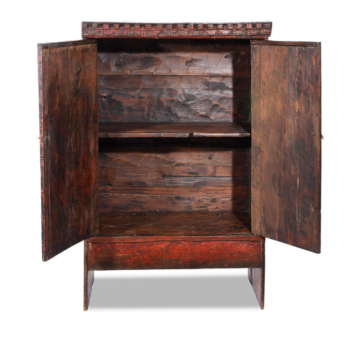 Open Doors View Of Two Tone Painted Torkham Cabinet From Tibet - 18thC | Indigo Antiques