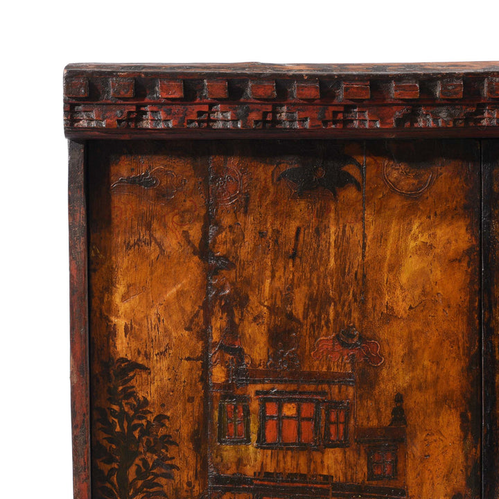 Corner Detail From Two Tone Painted Torkham Cabinet From Tibet - 18thC | Indigo Antiques