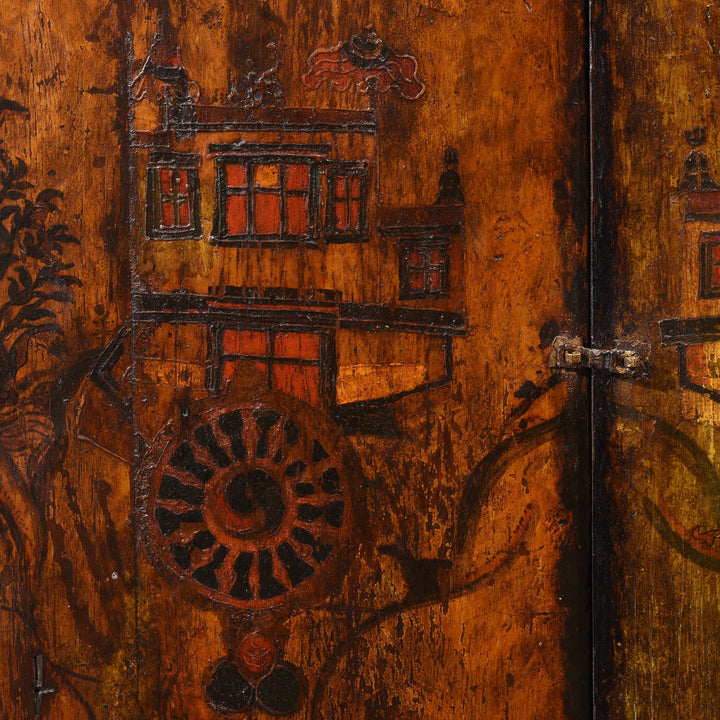 Monastery Paintwork From Two Tone Painted Torkham Cabinet From Tibet - 18thC | Indigo Antiques