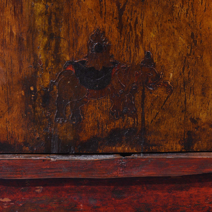 Elephant Detail From Two Tone Painted Torkham Cabinet From Tibet - 18thC | Indigo Antiques