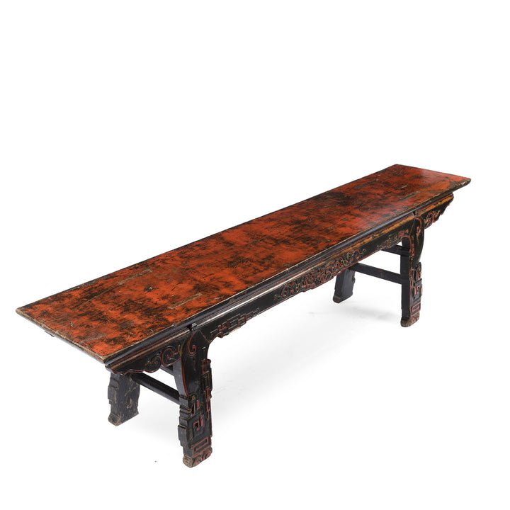 Angled View Of Painted Chinese Walnut Bench - 19thC From Jiangxi Province | Indigo Antiques