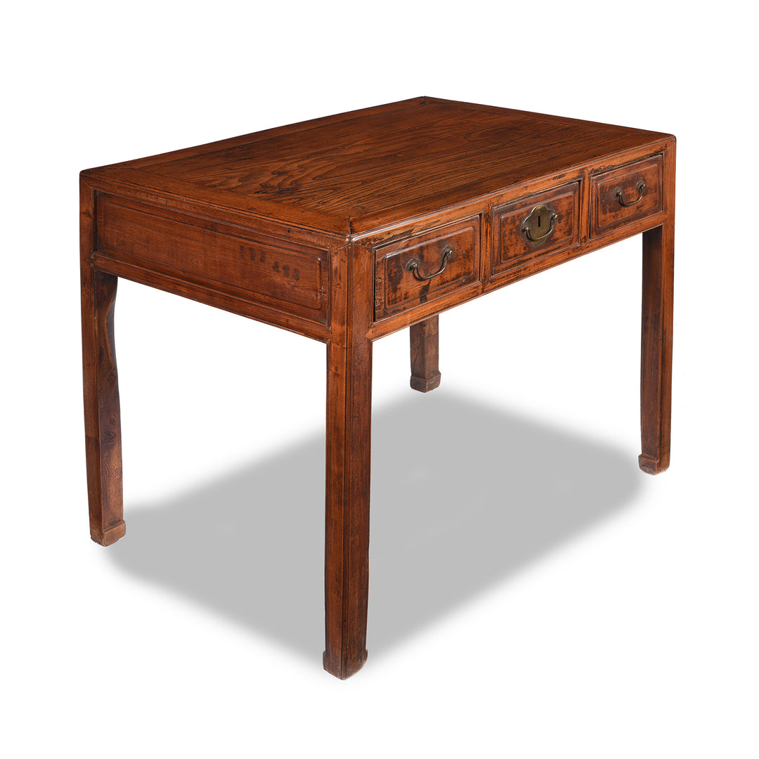 Angled View Of 3 Drawer Red Elm Desk From Shanxi - 19thC | Indigo Antiques