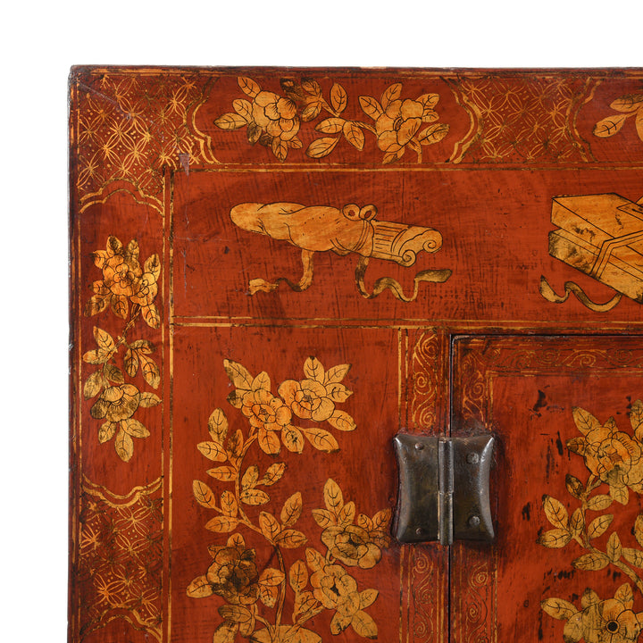 Corner Detail From Red Lacquer Wedding Cabinet - 19thC | Indigo Antiques