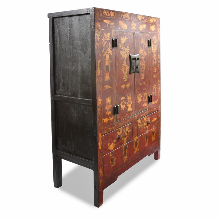 Angled View Of Red Lacquer Wedding Cabinet - 19thC | Indigo Antiques