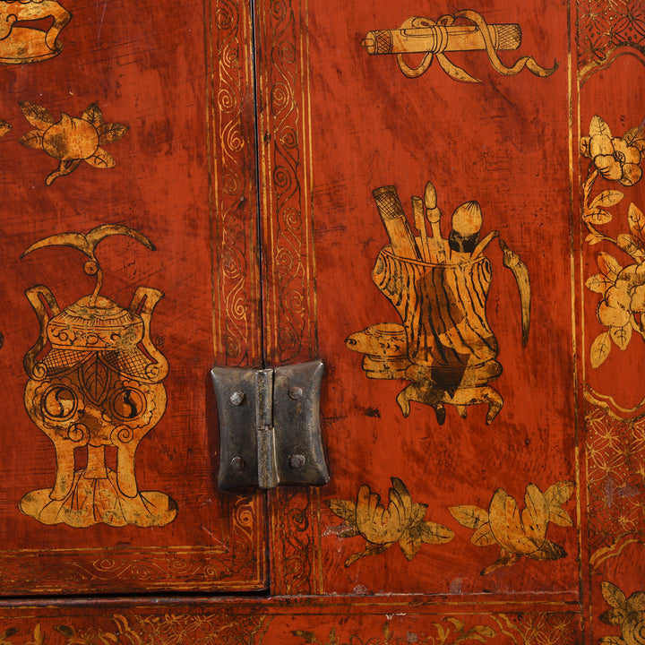 Paintwork Detail From Red Lacquer Wedding Cabinet - 19thC | Indigo Antiques