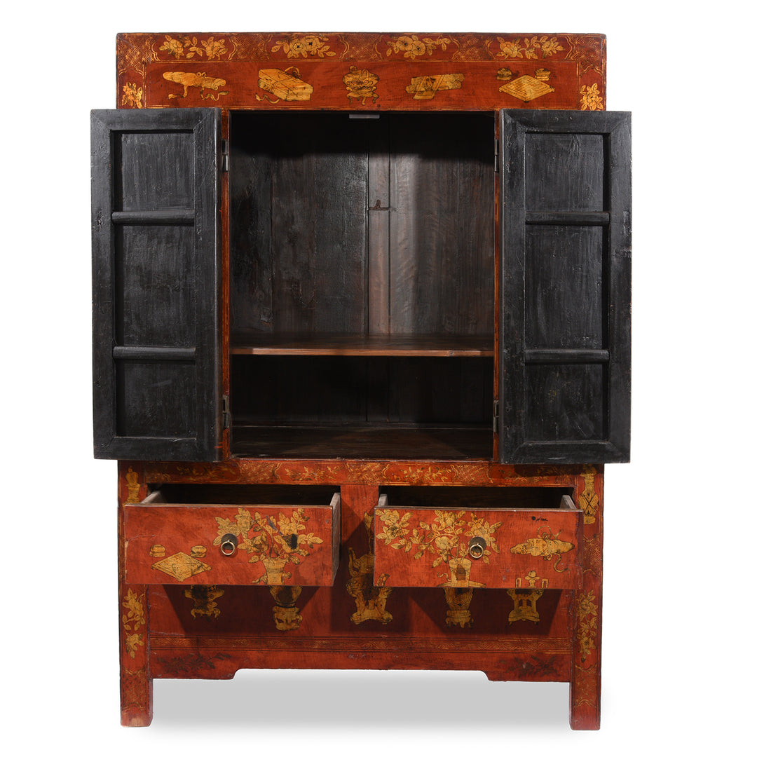 Open Doors View Of Red Lacquer Wedding Cabinet - 19thC | Indigo Antiques
