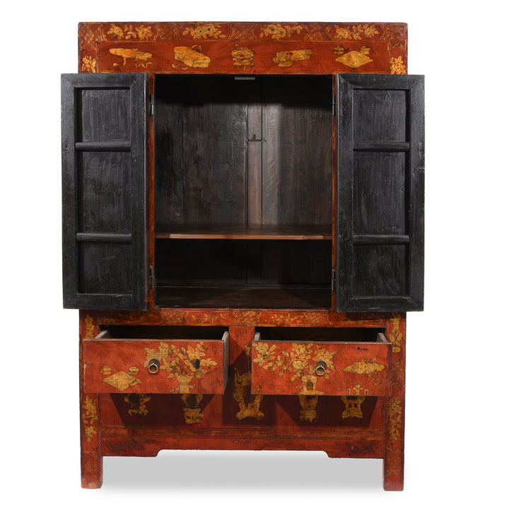 Open Doors View Of Red Lacquer Wedding Cabinet - 19thC | Indigo Antiques